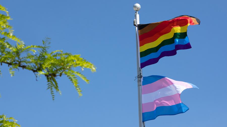 The Pride and Trans flags blow in the wind.